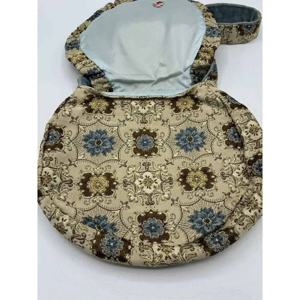 Vintage Tapestry Shoulder Bag Blue Velvet Strap Floral Medallion Boho Purse